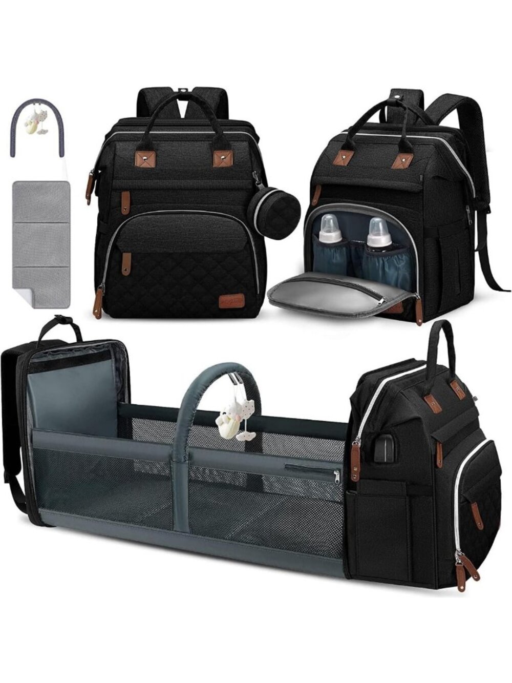 Stylish Large Diaper Bag Backpack with Changing Pad, Waterproof & USB Port